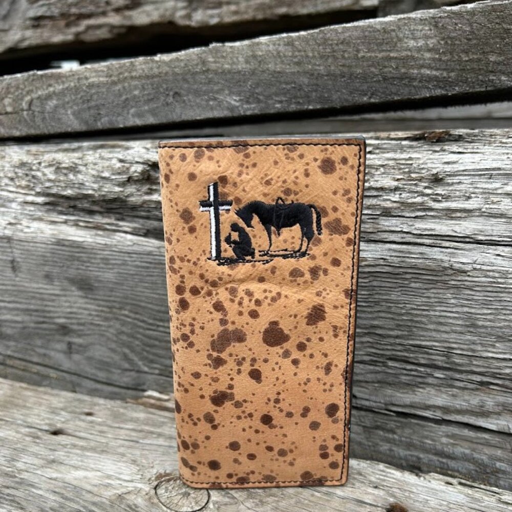 Twisted X Praying Cowboy Design Tall Speckled Leather Wallet
